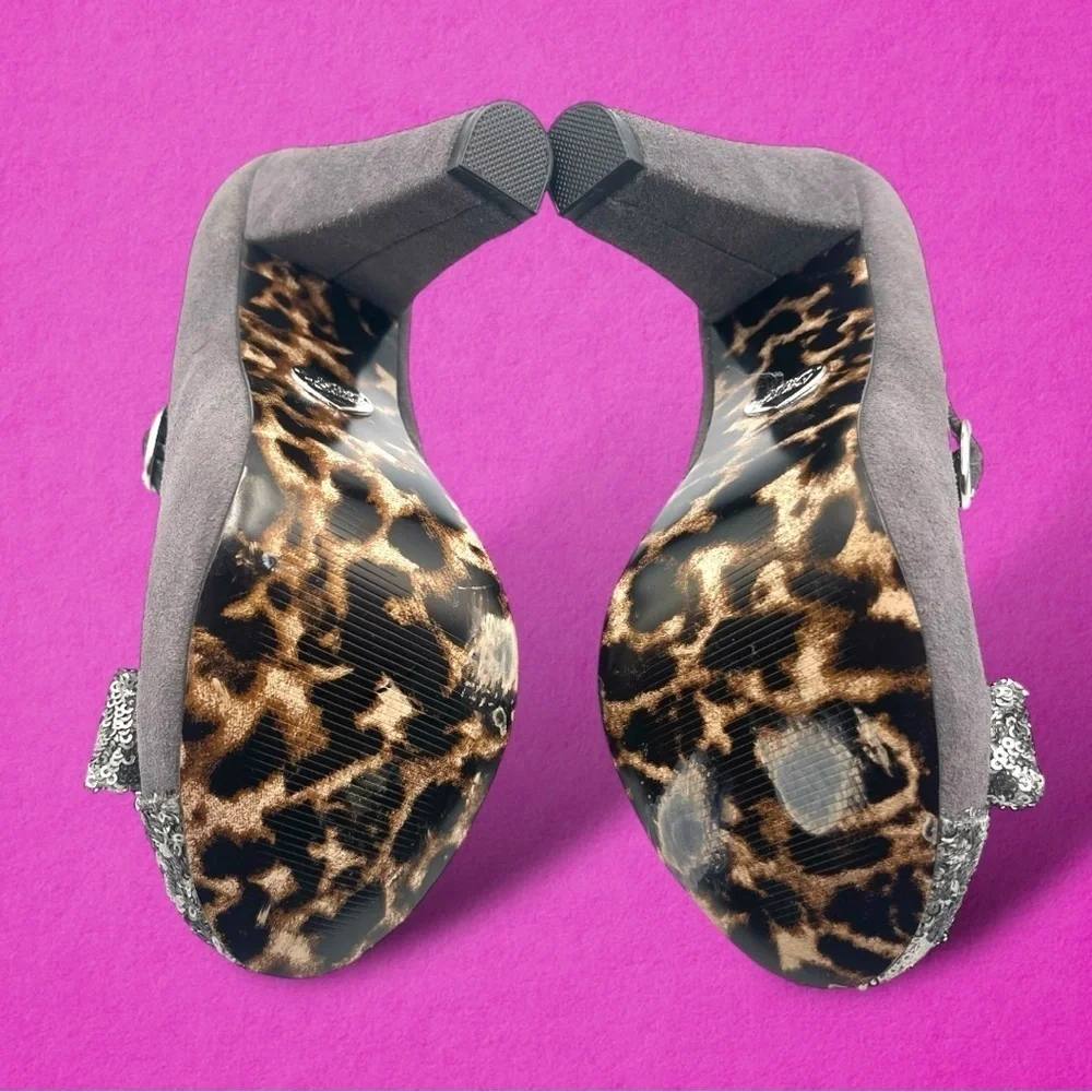 Betsey Johnson Gray Poppie Mary Jane Heels with Silver Sequin Bow